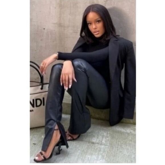 ZARA Faux Leather Slim Flare Leg Pants Split Hem Bootleg Slit  Black small NWT - Picture 5 of 11